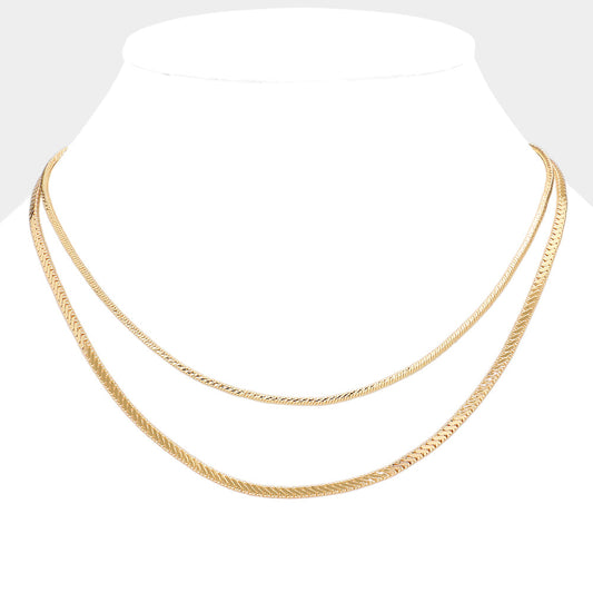 Gold Brass Metal Double Layered Chevron Chain Necklace