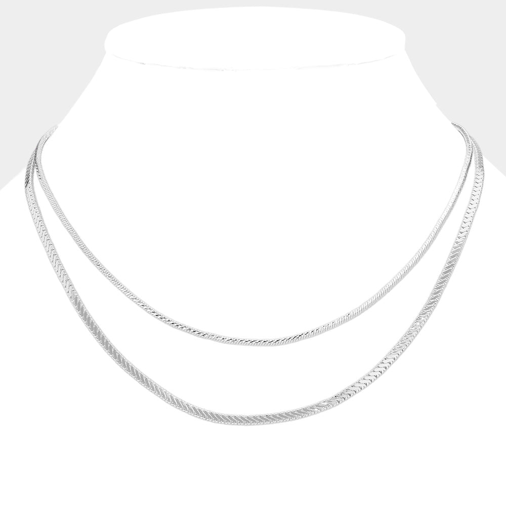 Rhodium Brass Metal Double Layered Chevron Chain Necklace