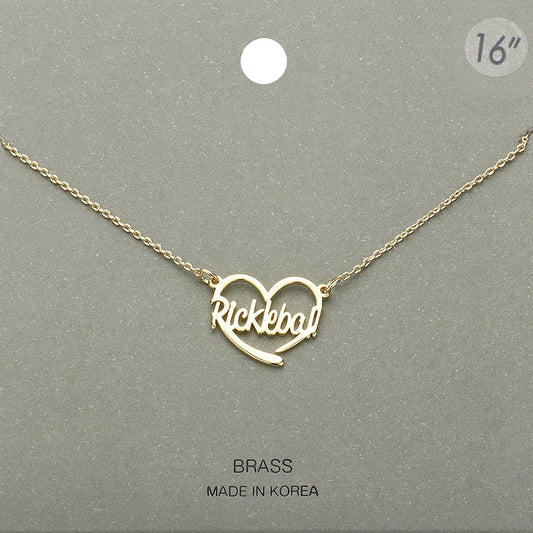 Gold Brass Metal Pickleball Heart Pendant Necklace