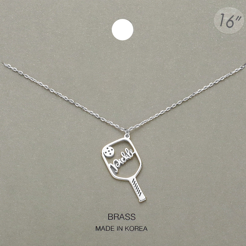 Rhodium Brass Metal Pickleball Pendant Necklace