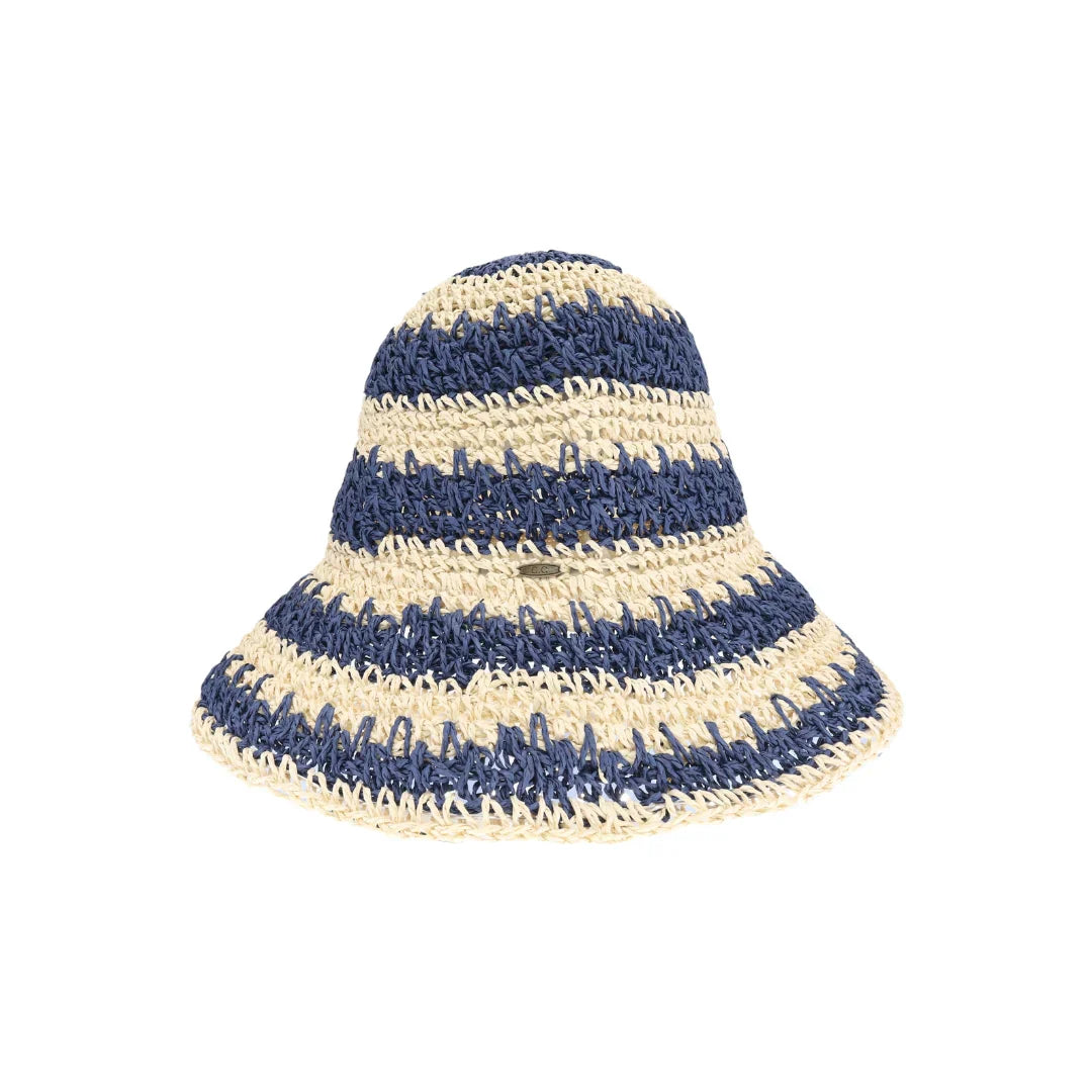 Navy Broad Striped Paper Straw Hand Crochet C.C Bucket Hat combines artisanal craftsmanship with breathable, lightweight materials. Its hand-crocheted paper straw construction ensures durability and comfort, while the broad striped design adds a sophisticated, timeless aesthetic. Ideal for sun protection and stylish outdoor wear, this bucket hat offers both function and fashion for discerning customers seeking quality and unique headwear.
