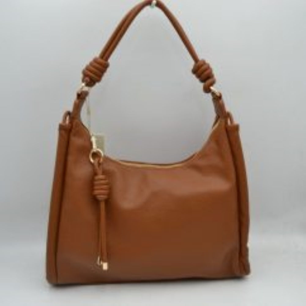 Brown Bring a perfect blend of relaxed style and modern sophistication to your wardrobe with this slouchy hobo shoulder bag. Crafted with a premium pebble-grain textured exterior, this everyday handbag features unique coiled knot accents on the shoulder strap and a matching decorative hanging tassel for a contemporary touch. Designed to comfortably rest on your shoulder or slip onto your forearm, it opens up to a roomy main compartment ideal for organizing your phone, wallet, cosmetics