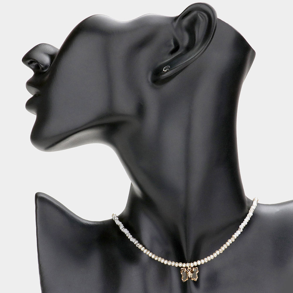Gray Butterfly Pendant Faceted Beaded Necklace