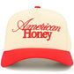 Red C.C AMERICAN HONEY Letter embroidered Trucker Hat&nbsp;features precision-embroidered lettering on a classic mesh-back design. Constructed with a structured front panel and breathable rear mesh, it delivers both style and functionality. The adjustable snapback closure ensures optimal fit, while the embroidered patriotic motif makes a bold statement for casual outings or outdoor activities.