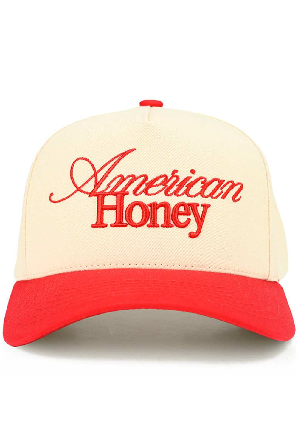 Red C.C AMERICAN HONEY Letter embroidered Trucker Hat&nbsp;features precision-embroidered lettering on a classic mesh-back design. Constructed with a structured front panel and breathable rear mesh, it delivers both style and functionality. The adjustable snapback closure ensures optimal fit, while the embroidered patriotic motif makes a bold statement for casual outings or outdoor activities.