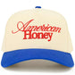 Blue C.C AMERICAN HONEY Letter embroidered Trucker Hat&nbsp;features precision-embroidered lettering on a classic mesh-back design. Constructed with a structured front panel and breathable rear mesh, it delivers both style and functionality. The adjustable snapback closure ensures optimal fit, while the embroidered patriotic motif makes a bold statement for casual outings or outdoor activities.