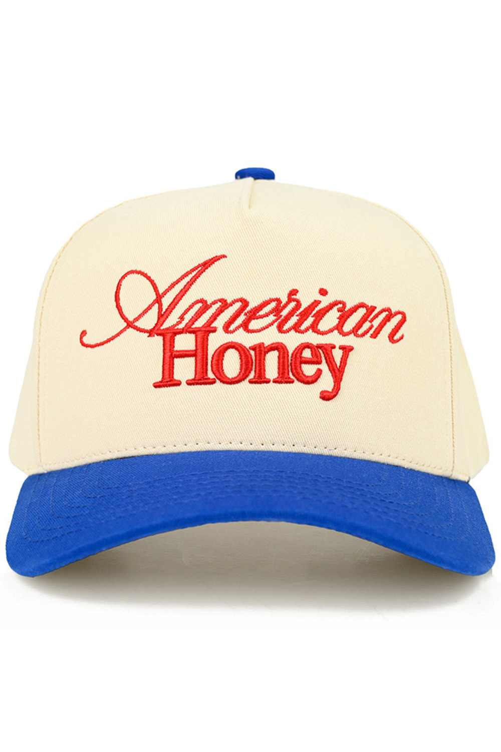Blue C.C AMERICAN HONEY Letter embroidered Trucker Hat&nbsp;features precision-embroidered lettering on a classic mesh-back design. Constructed with a structured front panel and breathable rear mesh, it delivers both style and functionality. The adjustable snapback closure ensures optimal fit, while the embroidered patriotic motif makes a bold statement for casual outings or outdoor activities.