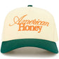 Dark Green C.C AMERICAN HONEY Letter embroidered Trucker Hat&nbsp;features precision-embroidered lettering on a classic mesh-back design. Constructed with a structured front panel and breathable rear mesh, it delivers both style and functionality. The adjustable snapback closure ensures optimal fit, while the embroidered patriotic motif makes a bold statement for casual outings or outdoor activities.