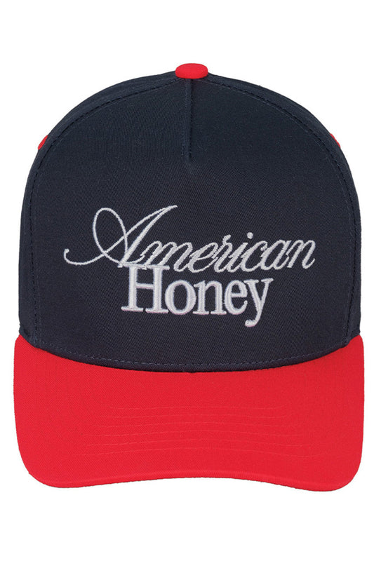 Red-Navy-C.C AMERICAN HONEY Letter embroidered Trucker Hat features precision-embroidered lettering on a classic mesh-back design. Constructed with a structured front panel and breathable rear mesh, it delivers both style and functionality. The adjustable snapback closure ensures optimal fit, while the embroidered patriotic motif makes a bold statement for casual outings or outdoor activities. 