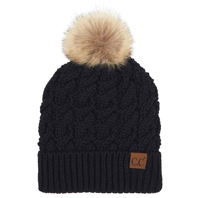 C.C Cable Ribbed Beanie Natural Plush Faux Fur Pom Pom Hat - Black - Beanies