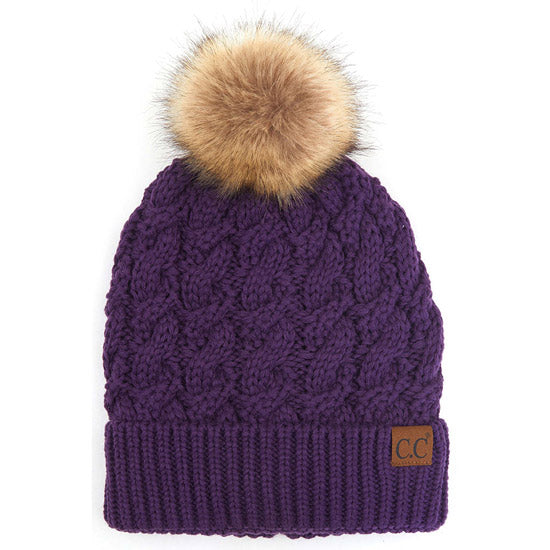 C.C Cable Ribbed Beanie Natural Plush Faux Fur Pom Pom Hat - Dark Purple - Beanies