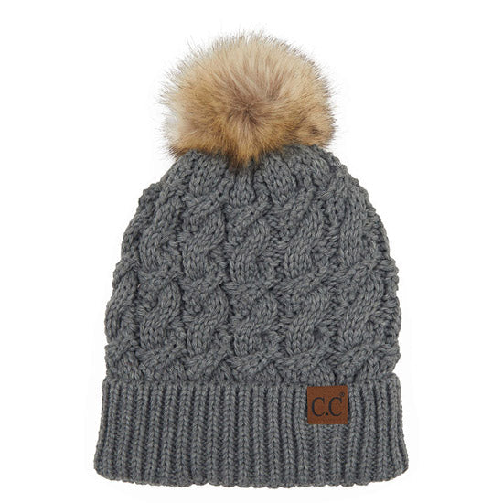 C.C Cable Ribbed Beanie Natural Plush Faux Fur Pom Pom Hat - Light Gray - Beanies