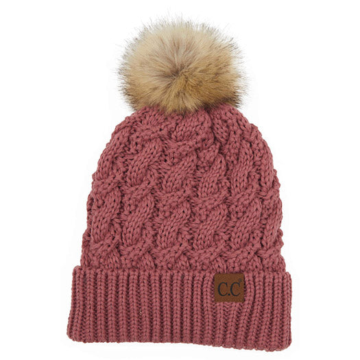 C.C Cable Ribbed Beanie Natural Plush Faux Fur Pom Pom Hat - Mauve - Beanies