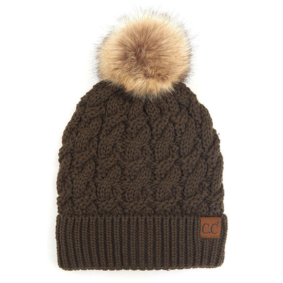 C.C Cable Ribbed Beanie Natural Plush Faux Fur Pom Pom Hat - Olive - Beanies