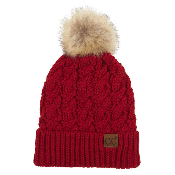 C.C Cable Ribbed Beanie Natural Plush Faux Fur Pom Pom Hat - Red - Beanies
