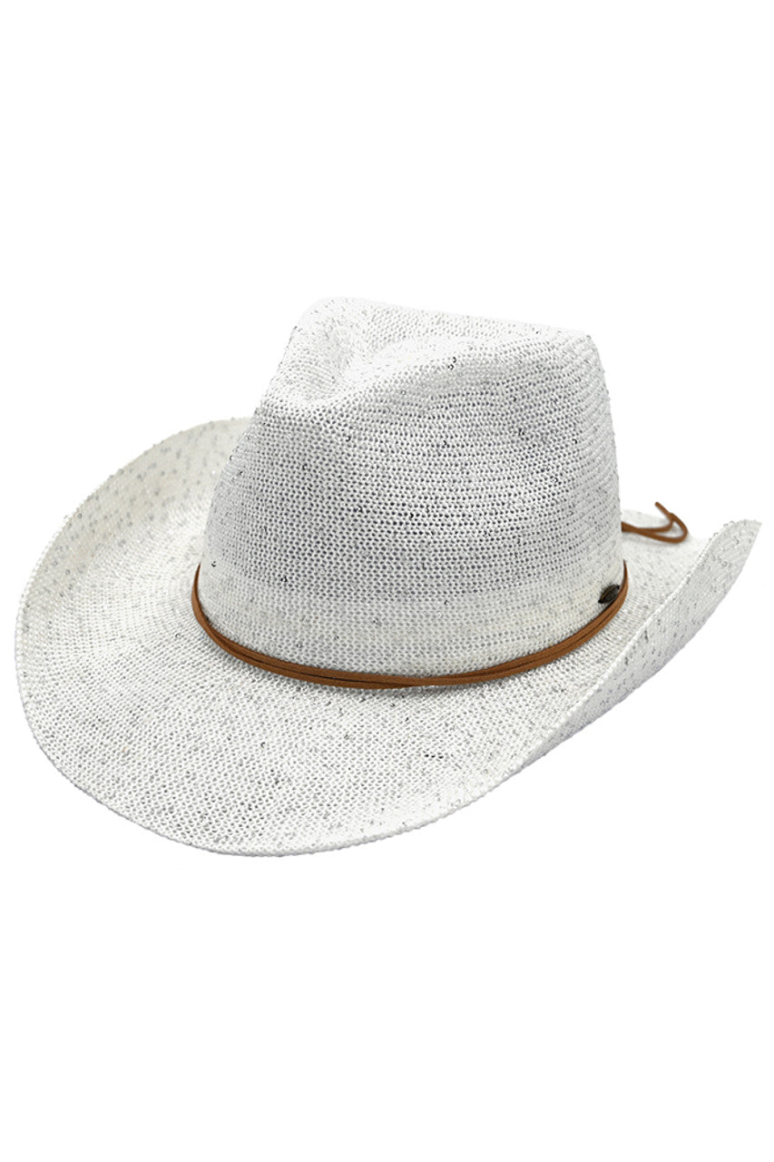 White  C.C Kids Suede String Band Sequin Cowboy Hat combines classic western style with playful sparkle, designed specifically for children. Crafted from soft suede, it offers comfortable wear while the string band ensures a secure fit. The sequin detailing adds a fun, eye-catching element, making it perfect for dress-up, themed events, or everyday adventures. Durable and stylish, this hat is an expert choice for young cowboys and cowgirls seeking both comfort and flair. 
