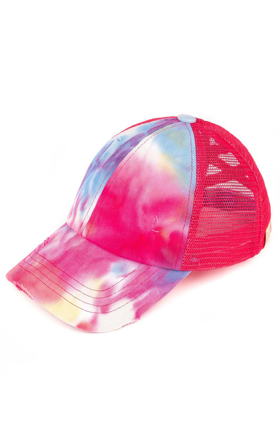 HotPink C.C Kids Tie Dye Criss-Cross Ponycap combines playful tie-dye patterns with a practical criss-cross design, ensuring a secure and comfortable fit for active children. Crafted for durability and style, this ponytail keeps hair neatly in place while adding a vibrant touch to any outfit. Ideal for everyday wear, it offers both function and fashion for young, energetic lifestyles.