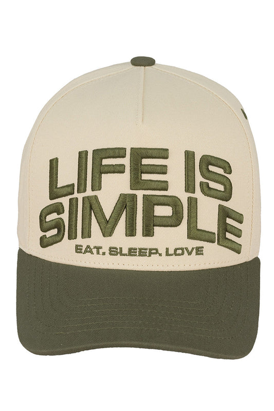 Olive C.C LIFE IS SIMPLE EAT, SLEEP, LOVE Trucker Cap combines practical design with a meaningful message. Crafted with breathable mesh and an adjustable snapback closure, it ensures comfort and a customizable fit. This cap is perfect for those who appreciate simplicity and want to showcase a lifestyle centered on essential joys‚Äîeating well, resting, and loving fully‚Äîwhile maintaining a stylish, casual look.