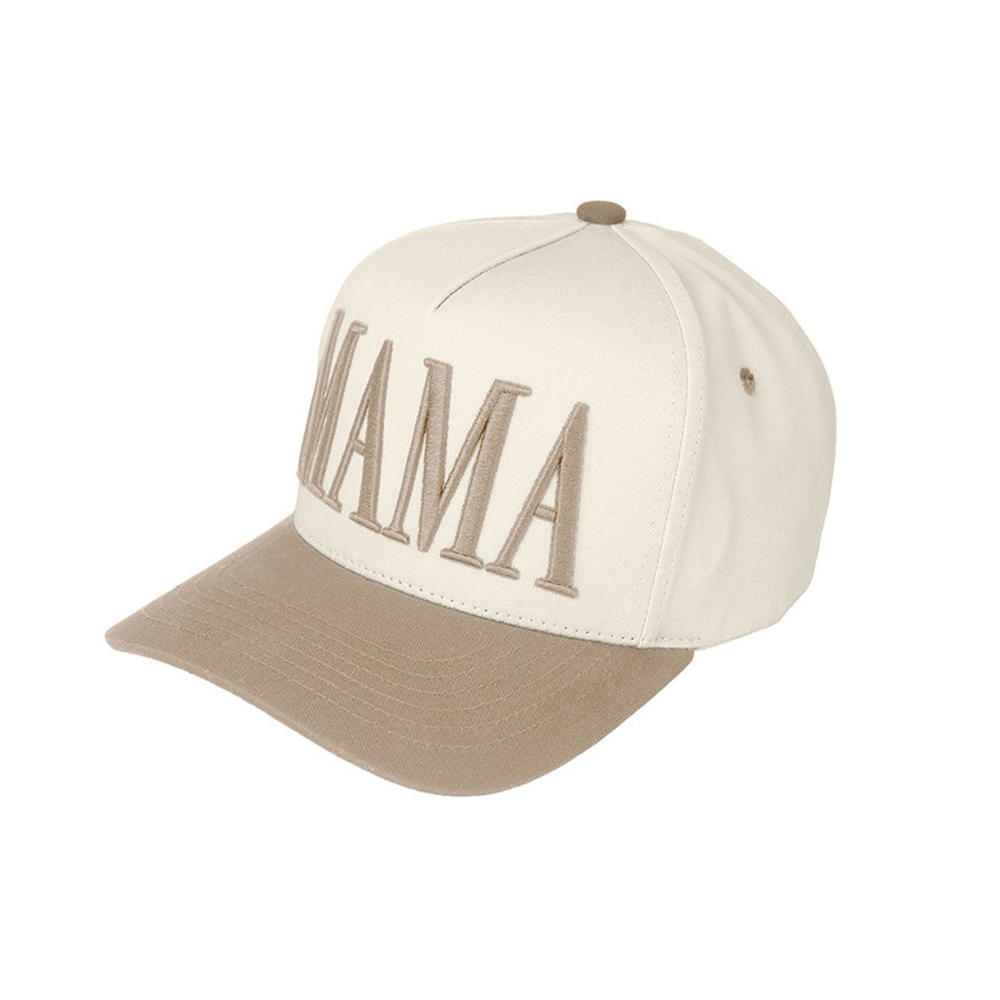 Beige C.C MAMA Letter embroidered Snapback Trucker Hat combines style with functionality. Featuring precise embroidery work, breathable mesh panels, and an adjustable snapback closure for a customized fit. The structured front maintains its shape while the curved brim provides optimal sun protection. Ideal for casual outings or making a statement about your maternal status with sophisticated flair.