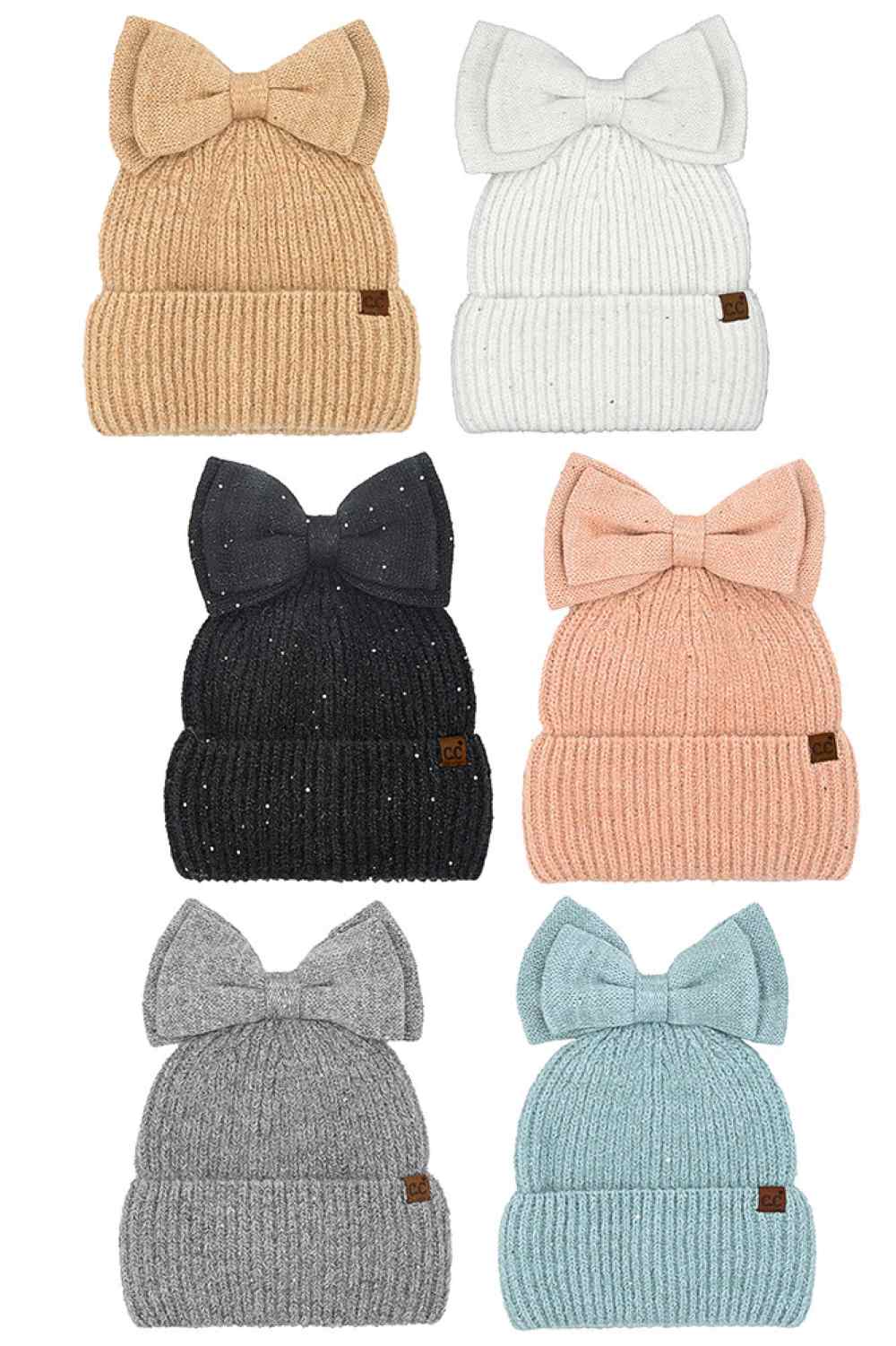 C.C Messy Bun Bow Beanie with Sequins Winter Hat - Beanie Hats