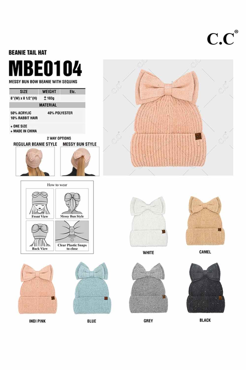 C.C Messy Bun Bow Beanie with Sequins Winter Hat - Beanie Hats