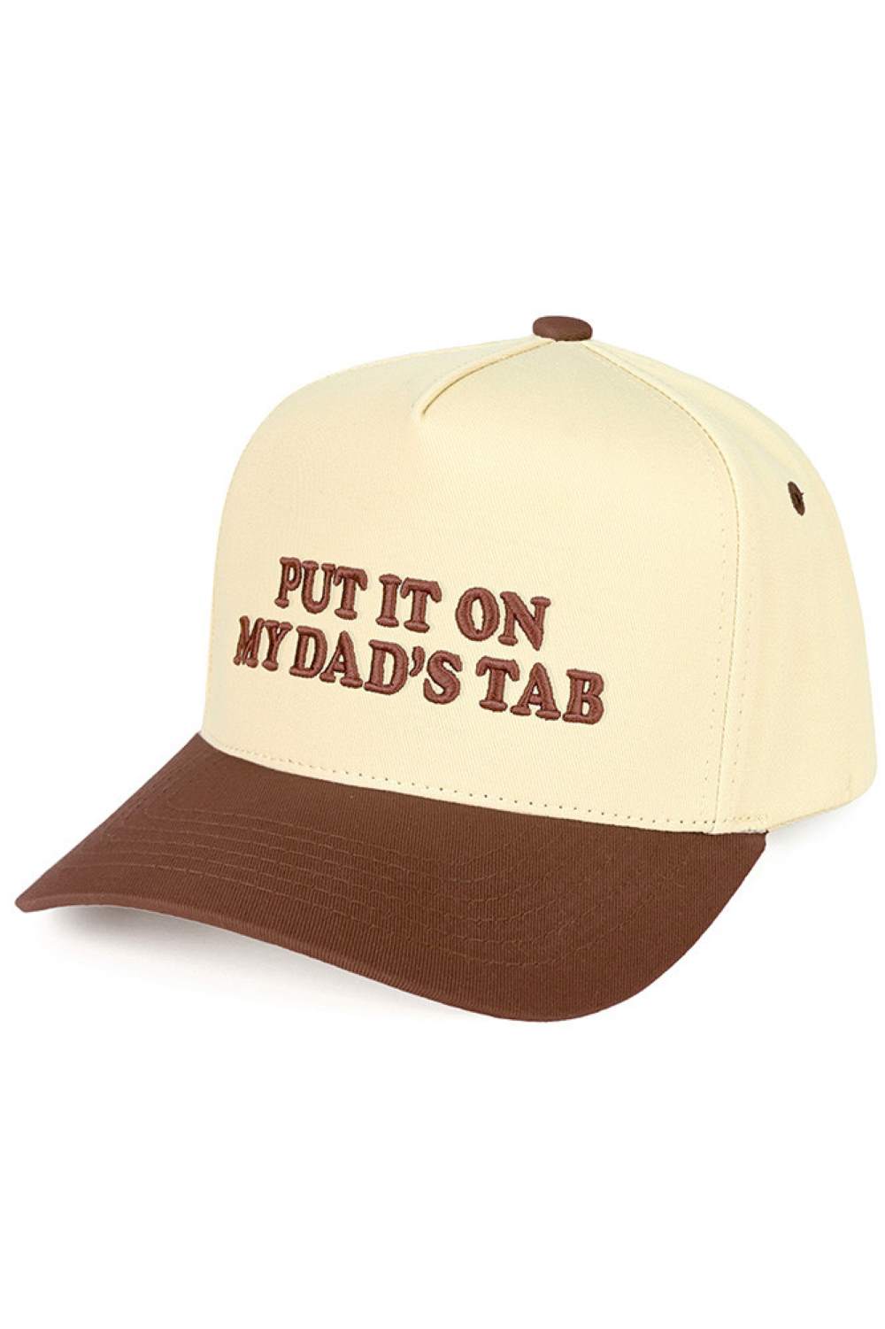 Brown C.C PUT IT ON MY DAD'S TAB Letter Trucker Hat executed with high-precision embroidery technology and engineered using a composite framework featuring a stabilized front panel for enhanced rigidity and strategically placed mesh zones for superior ventilation. The calibrated snapback system offers multi-point adjustability, allowing for a tailored fit. Advanced stitching techniques at high-stress areas ensure long-term structural durability. The pre-curved brim is designed to retain its shape consistent