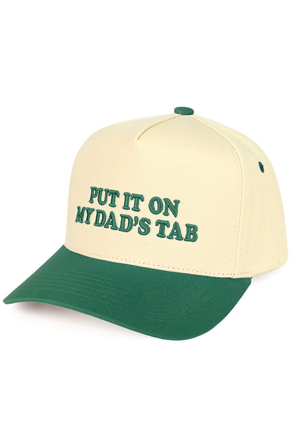 Dark Green C.C PUT IT ON MY DAD'S TAB Letter Trucker Hat executed with high-precision embroidery technology and engineered using a composite framework featuring a stabilized front panel for enhanced rigidity and strategically placed mesh zones for superior ventilation. The calibrated snapback system offers multi-point adjustability, allowing for a tailored fit. Advanced stitching techniques at high-stress areas ensure long-term structural durability. The pre-curved brim is designed to retain its shape consi