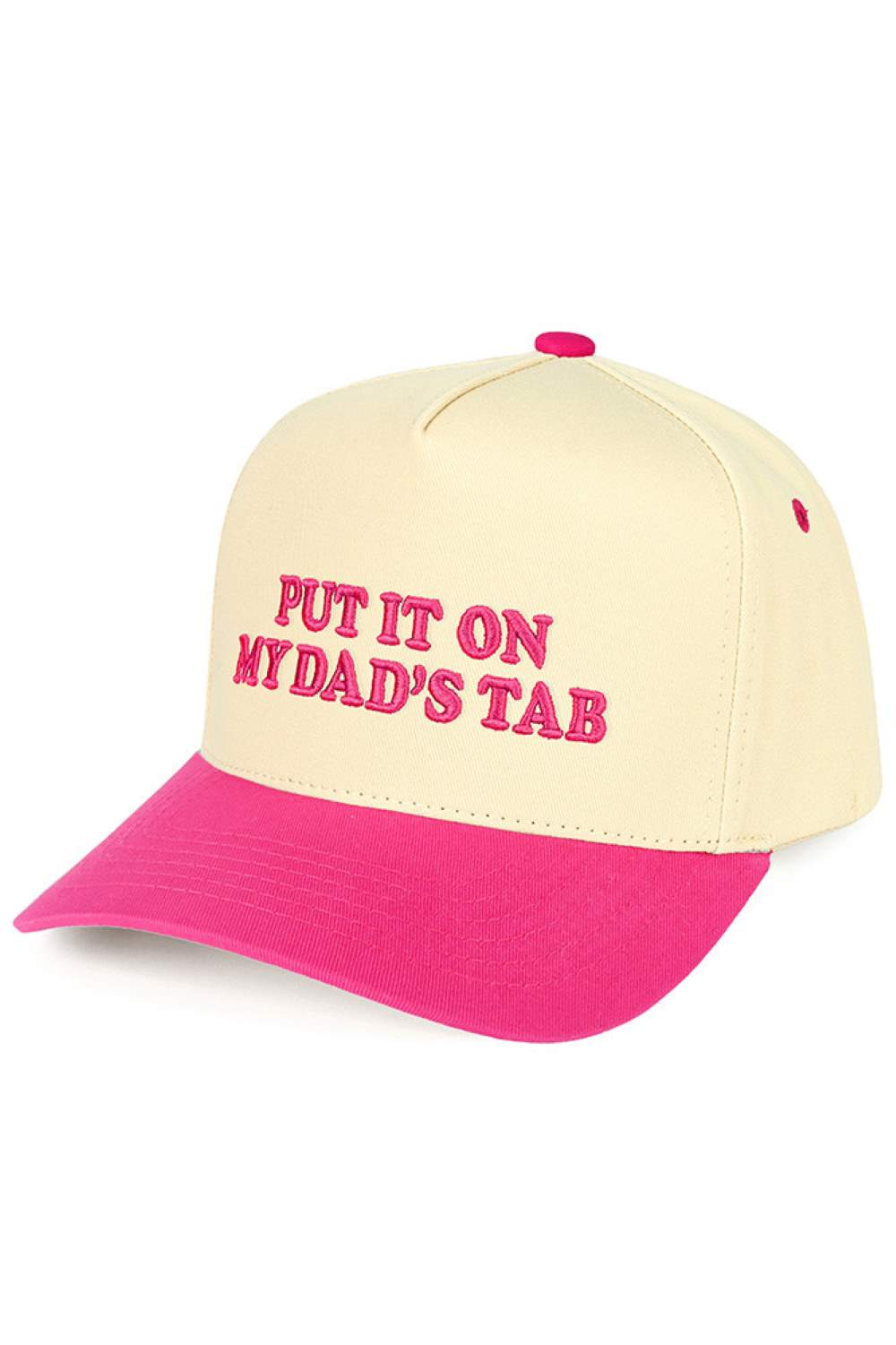 Hot Pink C.C PUT IT ON MY DAD'S TAB Letter Trucker Hat executed with high-precision embroidery technology and engineered using a composite framework featuring a stabilized front panel for enhanced rigidity and strategically placed mesh zones for superior ventilation. The calibrated snapback system offers multi-point adjustability, allowing for a tailored fit. Advanced stitching techniques at high-stress areas ensure long-term structural durability. The pre-curved brim is designed to retain its shape consist