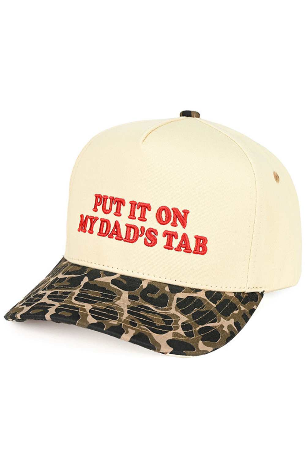 Leopard C.C PUT IT ON MY DAD'S TAB Letter Trucker Hat executed with high-precision embroidery technology and engineered using a composite framework featuring a stabilized front panel for enhanced rigidity and strategically placed mesh zones for superior ventilation. The calibrated snapback system offers multi-point adjustability, allowing for a tailored fit. Advanced stitching techniques at high-stress areas ensure long-term structural durability. The pre-curved brim is designed to retain its shape consiste