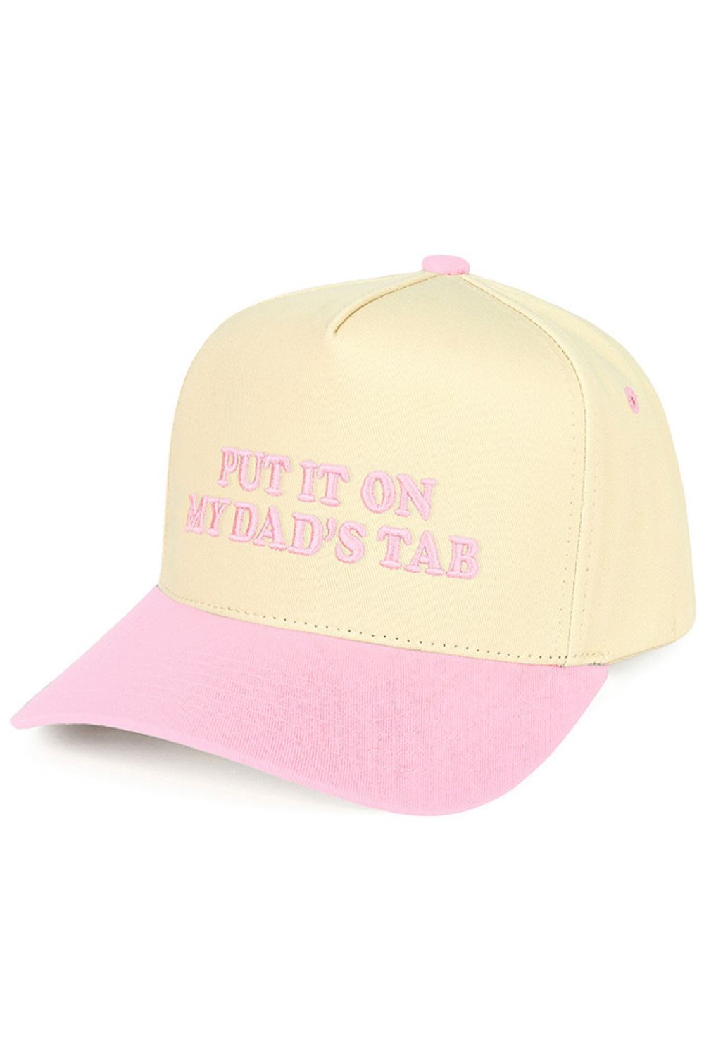 Light Pink C.C PUT IT ON MY DAD'S TAB Letter Trucker Hat executed with high-precision embroidery technology and engineered using a composite framework featuring a stabilized front panel for enhanced rigidity and strategically placed mesh zones for superior ventilation. The calibrated snapback system offers multi-point adjustability, allowing for a tailored fit. Advanced stitching techniques at high-stress areas ensure long-term structural durability. The pre-curved brim is designed to retain its shape consi