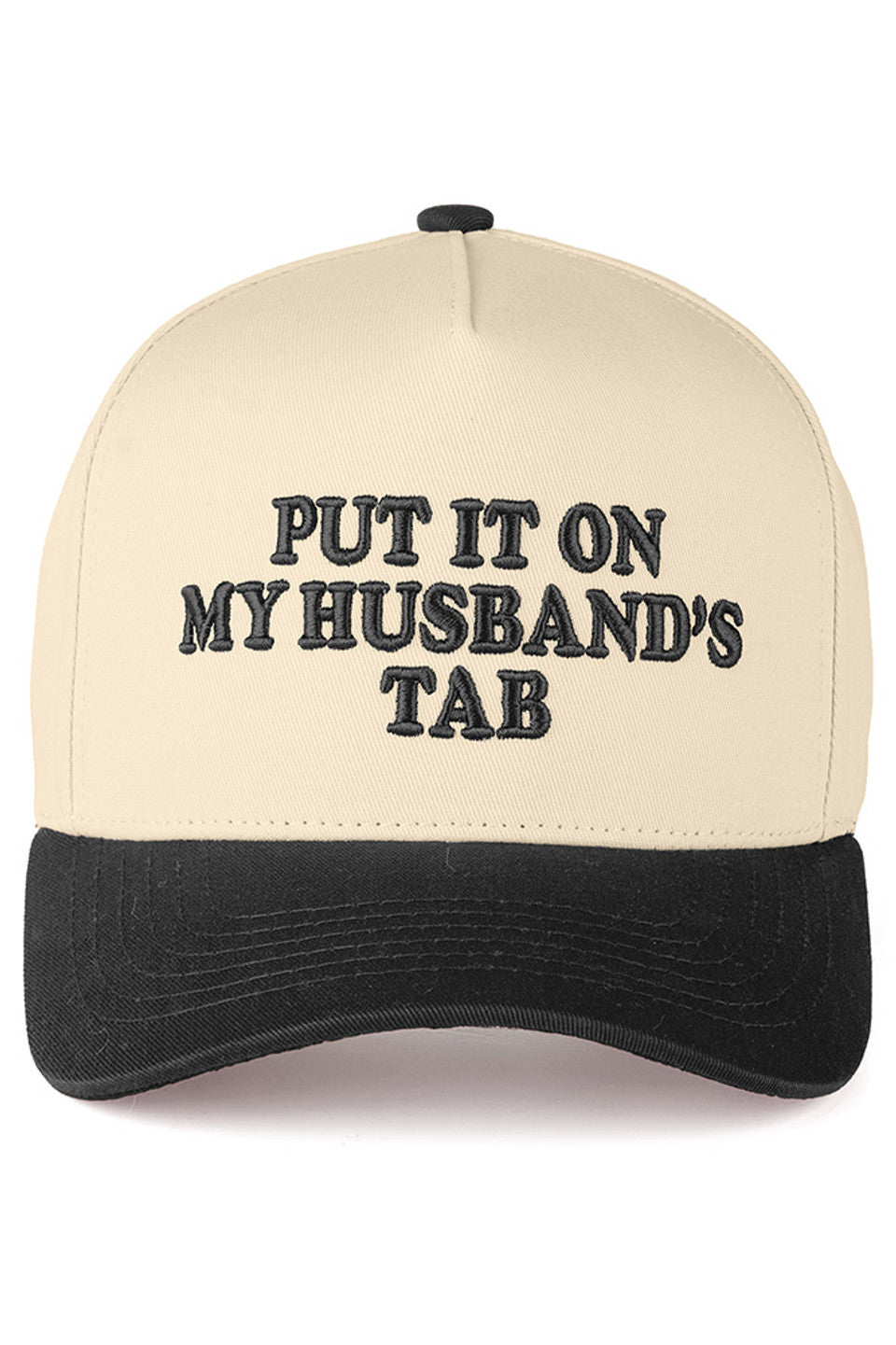 Black C.C PUT IT ON MY HUSBAND'S TAB Letter Trucker Hat executed with multi-dimensional embroidery techniques for enhanced definition and superior wear resistance. The hat features a reinforced front panel integrated with a specialized stabilizing interface, paired with engineered mesh zones featuring optimized perforation patterns for efficient thermal regulation. Inside, an advanced moisture management system utilizes rapid-transfer technology for superior sweat control. The rear adjustment mechanism enab