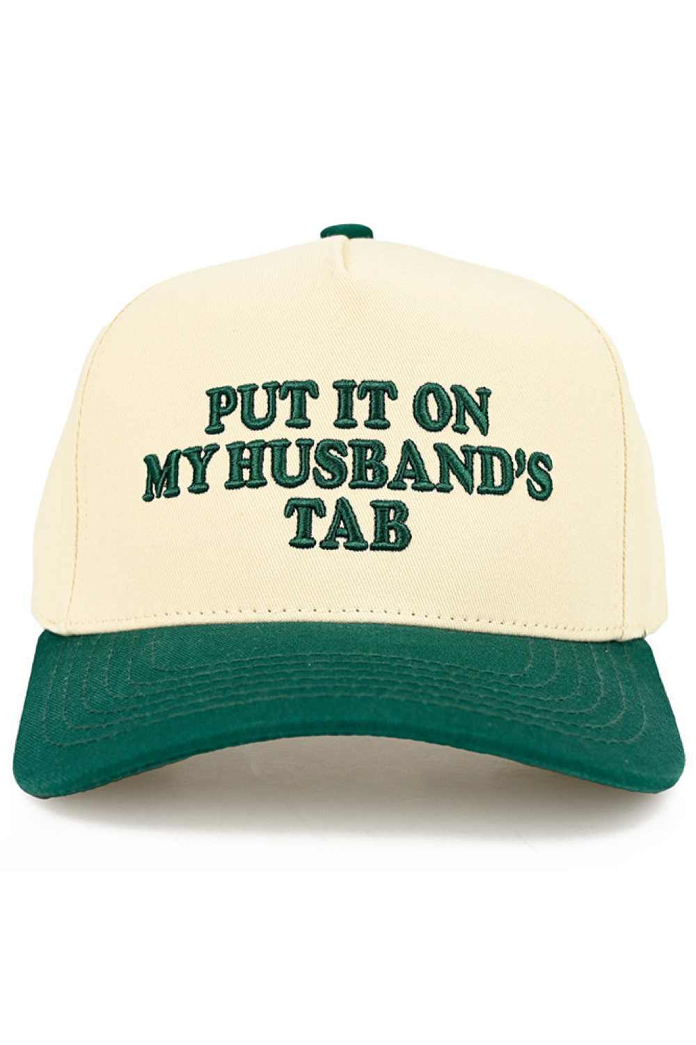 Dark Green C.C PUT IT ON MY HUSBAND'S TAB Letter Trucker Hat executed with multi-dimensional embroidery techniques for enhanced definition and superior wear resistance. The hat features a reinforced front panel integrated with a specialized stabilizing interface, paired with engineered mesh zones featuring optimized perforation patterns for efficient thermal regulation. Inside, an advanced moisture management system utilizes rapid-transfer technology for superior sweat control. The rear adjustment mechanism