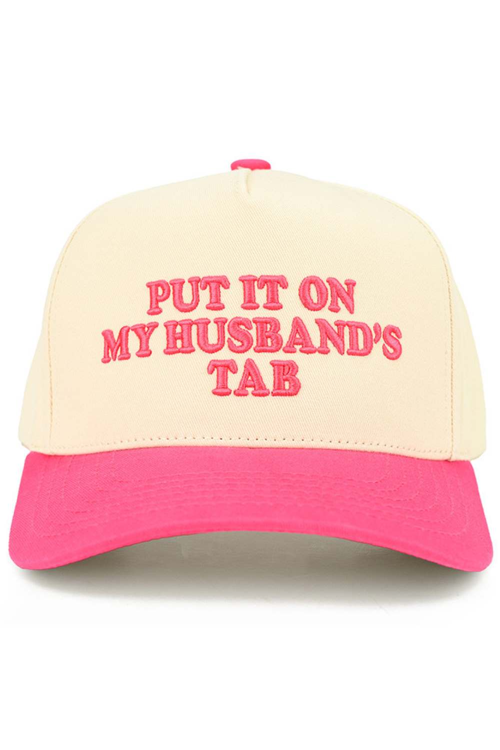Hot Pink C.C PUT IT ON MY HUSBAND'S TAB Letter Trucker Hat executed with multi-dimensional embroidery techniques for enhanced definition and superior wear resistance. The hat features a reinforced front panel integrated with a specialized stabilizing interface, paired with engineered mesh zones featuring optimized perforation patterns for efficient thermal regulation. Inside, an advanced moisture management system utilizes rapid-transfer technology for superior sweat control. The rear adjustment mechanism e