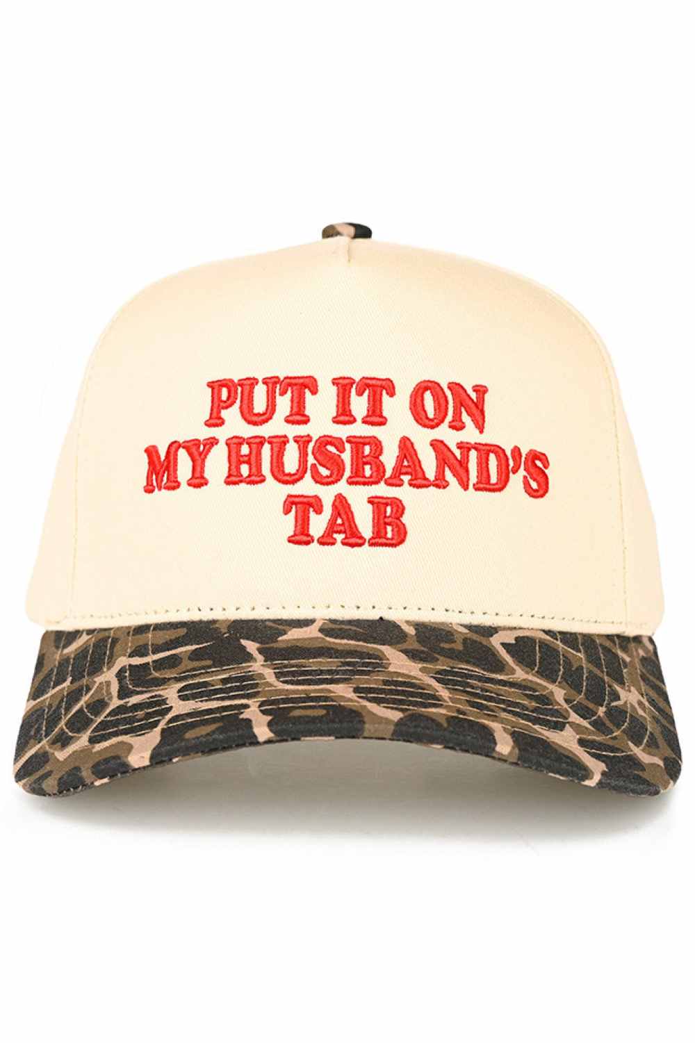 Leopard C.C PUT IT ON MY HUSBAND'S TAB Letter Trucker Hat executed with multi-dimensional embroidery techniques for enhanced definition and superior wear resistance. The hat features a reinforced front panel integrated with a specialized stabilizing interface, paired with engineered mesh zones featuring optimized perforation patterns for efficient thermal regulation. Inside, an advanced moisture management system utilizes rapid-transfer technology for superior sweat control. The rear adjustment mechanism en