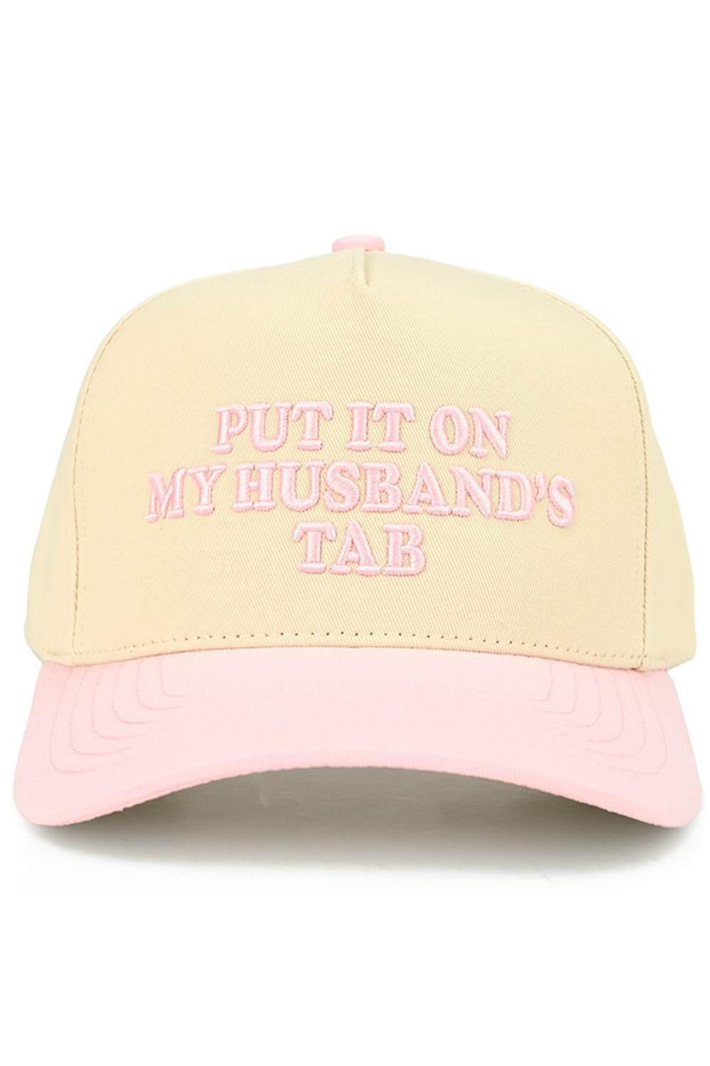 Light Pink C.C PUT IT ON MY HUSBAND'S TAB Letter Trucker Hat executed with multi-dimensional embroidery techniques for enhanced definition and superior wear resistance. The hat features a reinforced front panel integrated with a specialized stabilizing interface, paired with engineered mesh zones featuring optimized perforation patterns for efficient thermal regulation. Inside, an advanced moisture management system utilizes rapid-transfer technology for superior sweat control. The rear adjustment mechanism