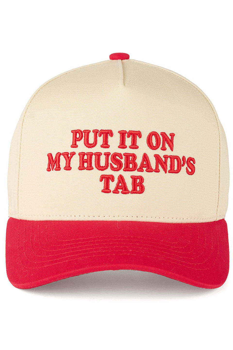 Red C.C PUT IT ON MY HUSBAND'S TAB Letter Trucker Hat executed with multi-dimensional embroidery techniques for enhanced definition and superior wear resistance. The hat features a reinforced front panel integrated with a specialized stabilizing interface, paired with engineered mesh zones featuring optimized perforation patterns for efficient thermal regulation. Inside, an advanced moisture management system utilizes rapid-transfer technology for superior sweat control. The rear adjustment mechanism enabl