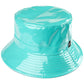 Mint C.C Brand Shiny Solid Color Reflective Enamel Detailed Rain Bucket Hat; this rain hat is snug on the head and works well to keep rain off the head, out of eyes, and also the back of the neck. Wear it to lend a modern liveliness above a raincoat on trans-seasonal days in the city. Perfect Gift for fashion-forward friend