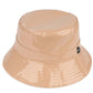 Nude C.C Brand Shiny Solid Color Reflective Enamel Detailed Rain Bucket Hat; this rain hat is snug on the head and works well to keep rain off the head, out of eyes, and also the back of the neck. Wear it to lend a modern liveliness above a raincoat on trans-seasonal days in the city. Perfect Gift for fashion-forward friend