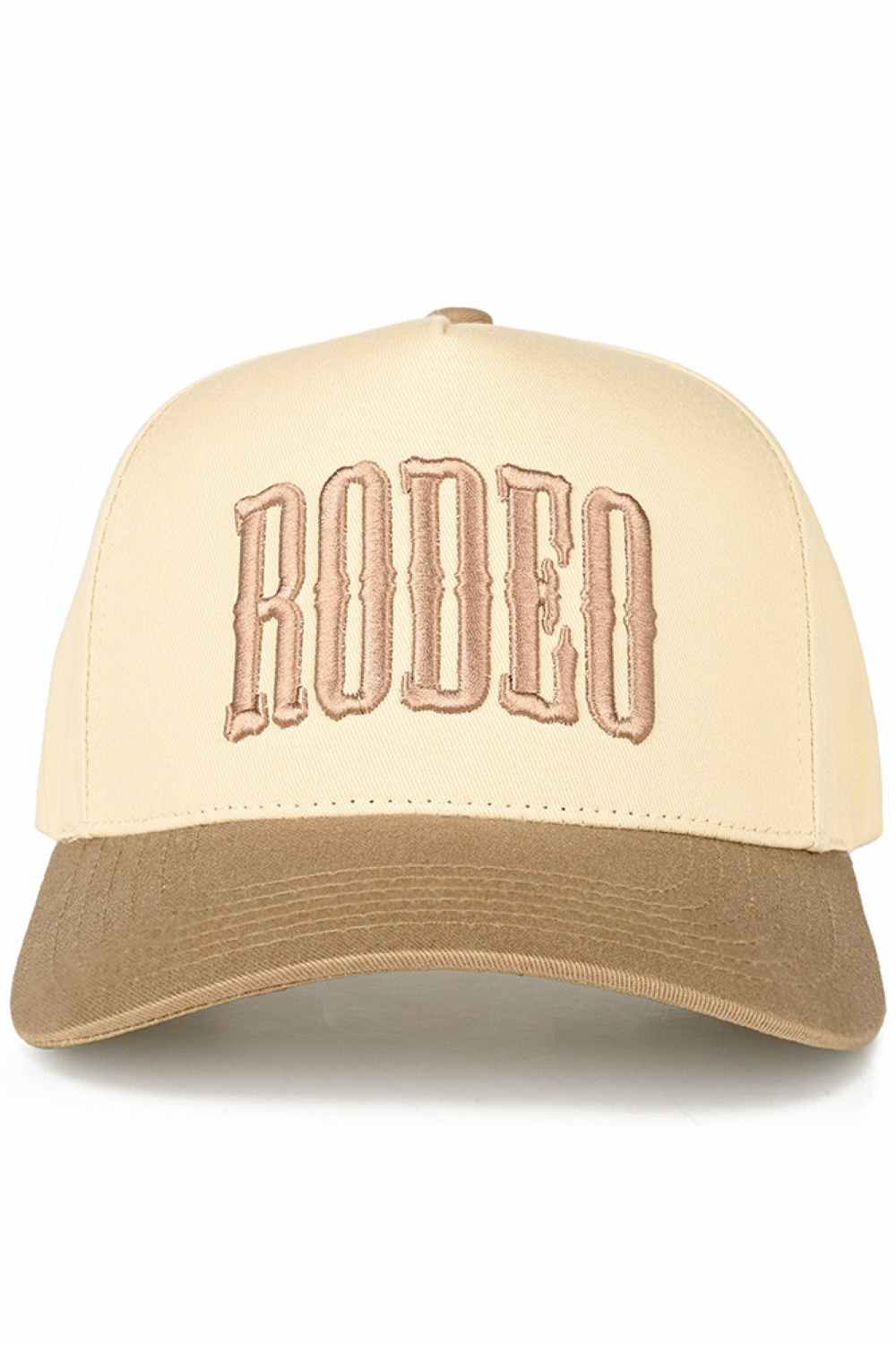Beige C.C RODEO Letter Embroidered Snapback Trucker Hat&nbsp;features meticulously embroidered lettering that maintains its definition through extended wear. The structured front panels provide shape retention, while the breathable mesh back optimizes ventilation. The precision-engineered snapback closure delivers incremental sizing adjustments for optimal comfort, making it suitable for both casual wear and authentic rodeo environments.