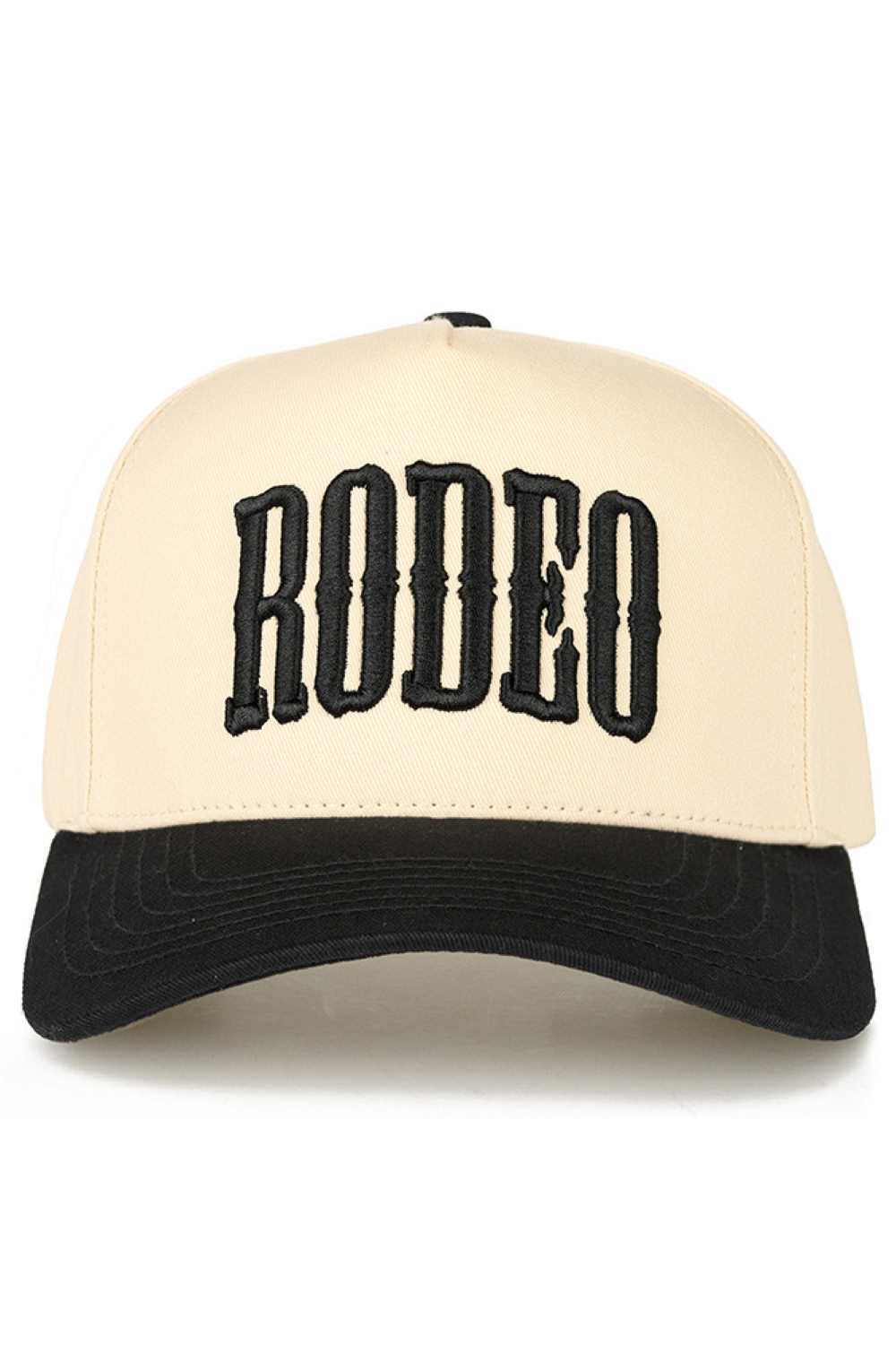 Black C.C RODEO Letter Embroidered Snapback Trucker Hat&nbsp;features meticulously embroidered lettering that maintains its definition through extended wear. The structured front panels provide shape retention, while the breathable mesh back optimizes ventilation. The precision-engineered snapback closure delivers incremental sizing adjustments for optimal comfort, making it suitable for both casual wear and authentic rodeo environments.