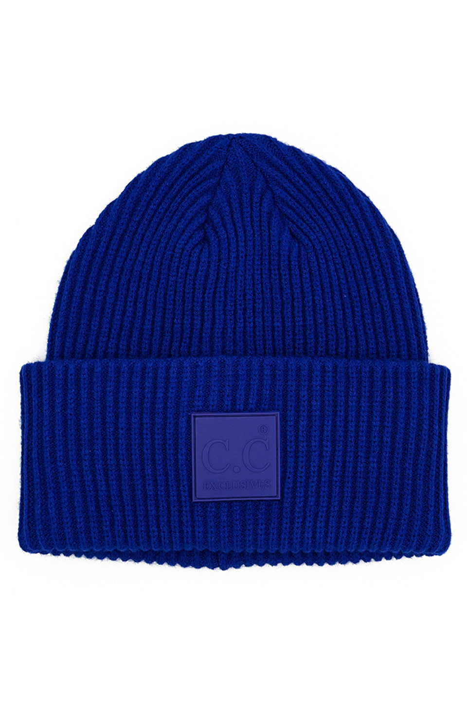 C.C Solid Ribbed Knit Detailed Beanie With Rubber Patch Hat - Cobalt Blue - Beanies