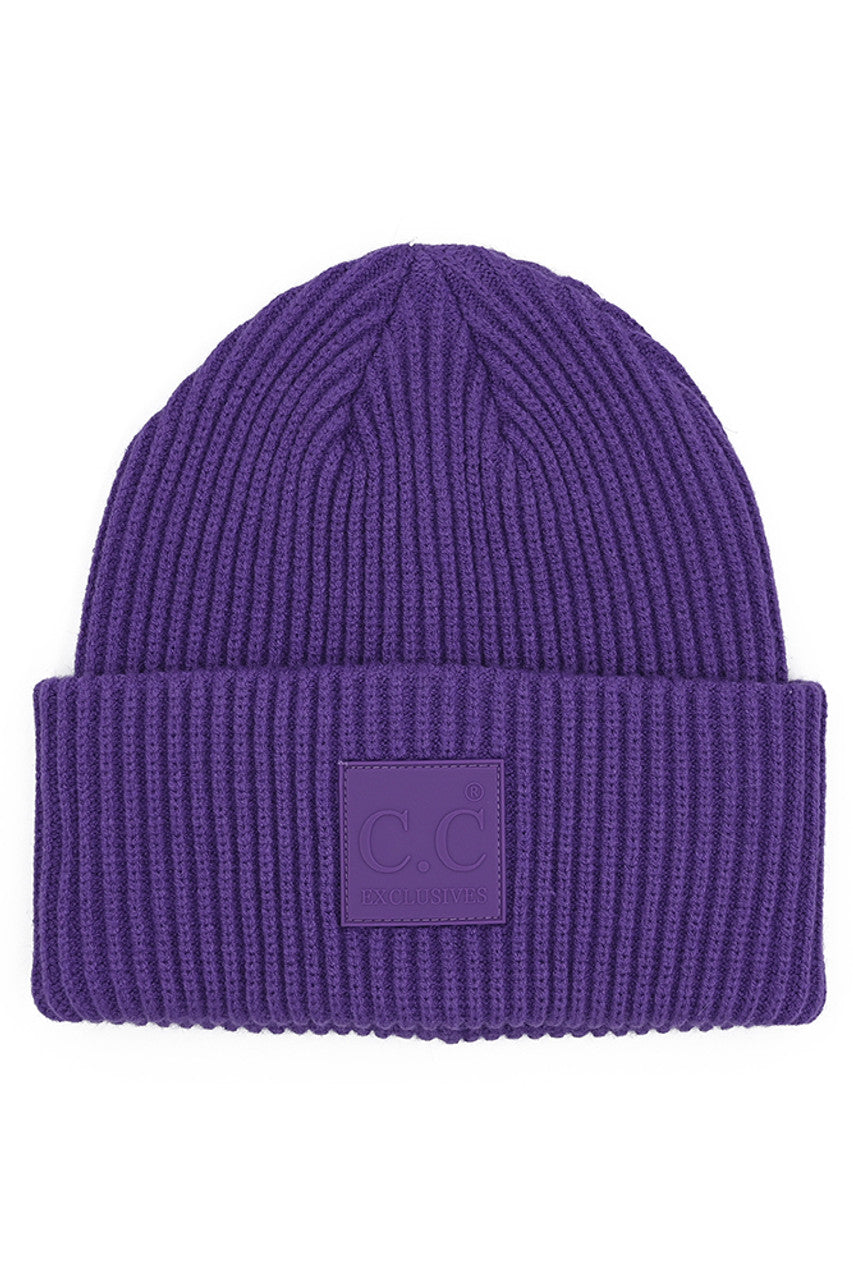 C.C Solid Ribbed Knit Detailed Beanie With Rubber Patch Hat - Purple - Beanies
