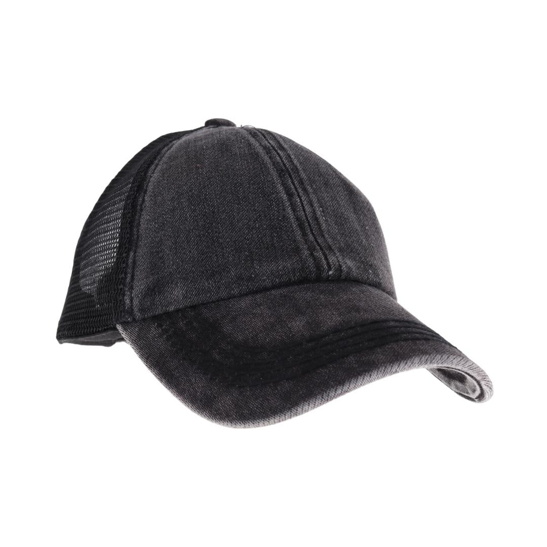 Black  C.C Stone Washed Denim Kid Pony Cap combines durable denim fabric with a stylish stone-washed finish, offering a comfortable and trendy accessory for children. Designed for a secure fit, this cap is perfect for everyday wear, providing both sun protection and a fashionable look that complements casual outfits. Its quality construction ensures long-lasting use, making it an excellent choice for active kids.
