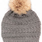 C.C Tilted Whip Stitch Slouch Beanie Faux Fur Pom Pom Hat - Light Melange Grey - Beanies