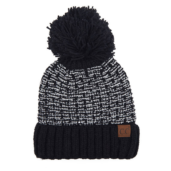 Black Beige C.C Tweed Style Pattern Knitted Beanie With Faux Fur Pom Winter Hat; reach for this classic toasty hat to keep you nice n warm in the chilly winter weather, the wintry touch finish to your outfit. Perfect Gift Birthday, Christmas, Holiday, Anniversary, Stocking Stuffer, Secret Santa, Valentine's Day, Loved One, BFF, Navidad