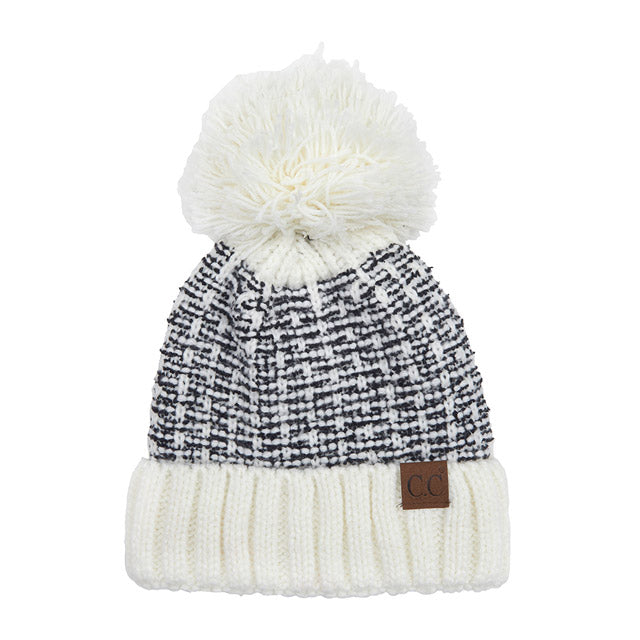 Ivory Beige C.C Tweed Style Pattern Knitted Beanie With Faux Fur Pom Winter Hat; reach for this classic toasty hat to keep you nice n warm in the chilly winter weather, the wintry touch finish to your outfit. Perfect Gift Birthday, Christmas, Holiday, Anniversary, Stocking Stuffer, Secret Santa, Valentine's Day, Loved One, BFF, Navidad