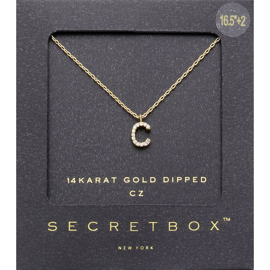 ~C~, Gold -C- Secret Box _ 14K Gold Dipped CZ Initial Monogram Pendant Necklace