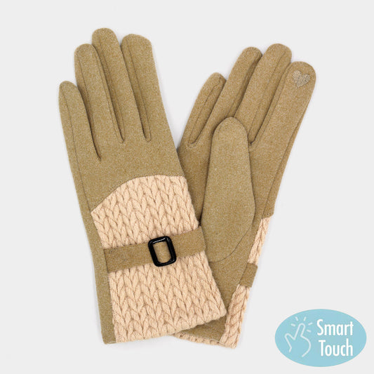 Beige Cable And Band Details Smart Touch Gloves