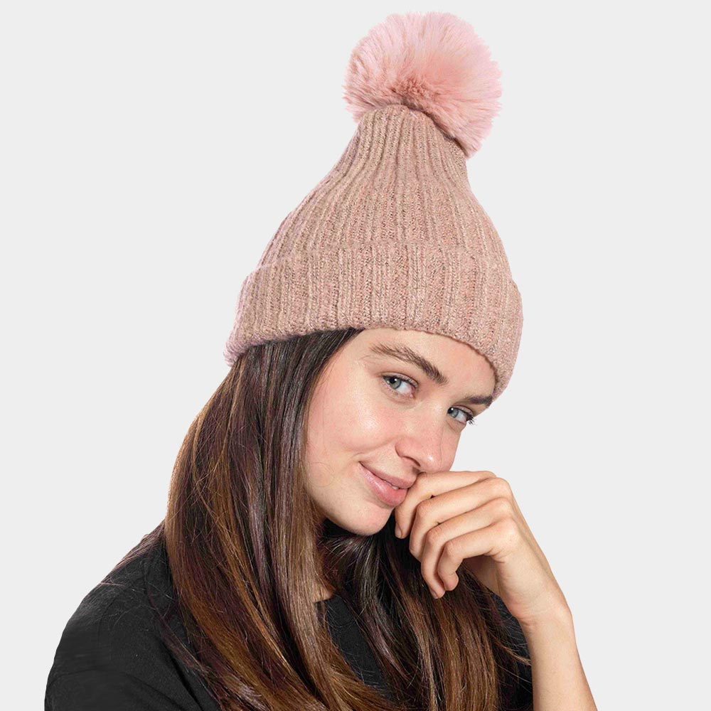 Pink Cable Knit Pom Pom Beanie Hat