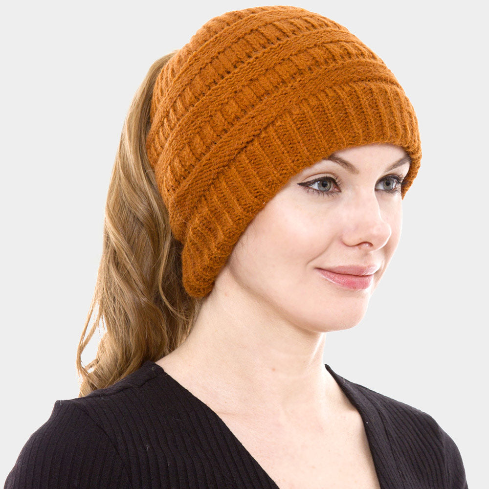 Khaki Cable Knit Ponytail Beanie Hat
